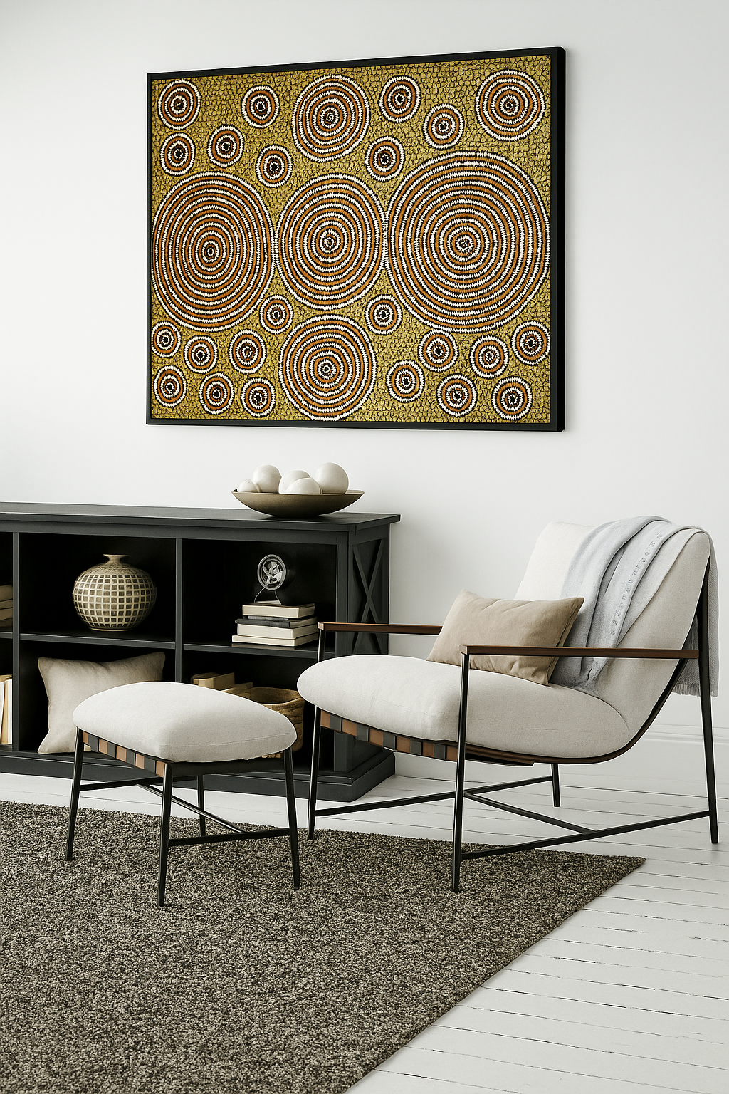 Modern living room with a large abstract artwork on the wall, a chair, and a side table.