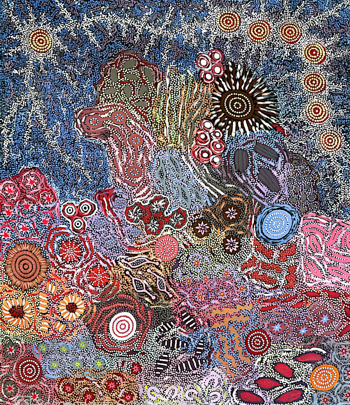 "Grandmother's Country & Seven Sisters Dreaming" By Gabriella Possum Nungurrayi & Michelle Possum Nungurrayi