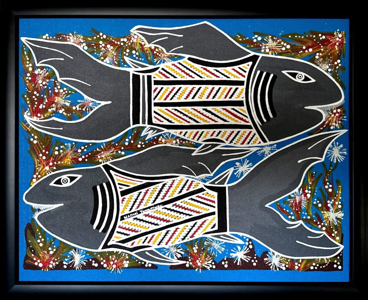 Naomi Yunupingu's artistic depiction of two stylized Sharks with geometric patterns on a blue background