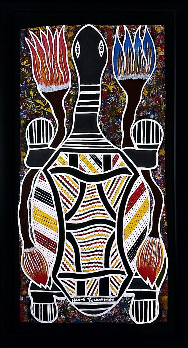 Naomi Yunupingu's mosaic artwork of a turtle with abstract patterns on a colorful background