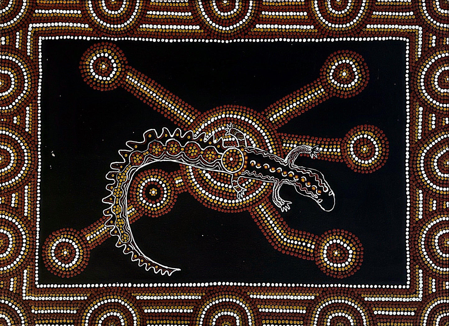 Baliba L's Aboriginal art style painting of a lizard with intricate patterns
