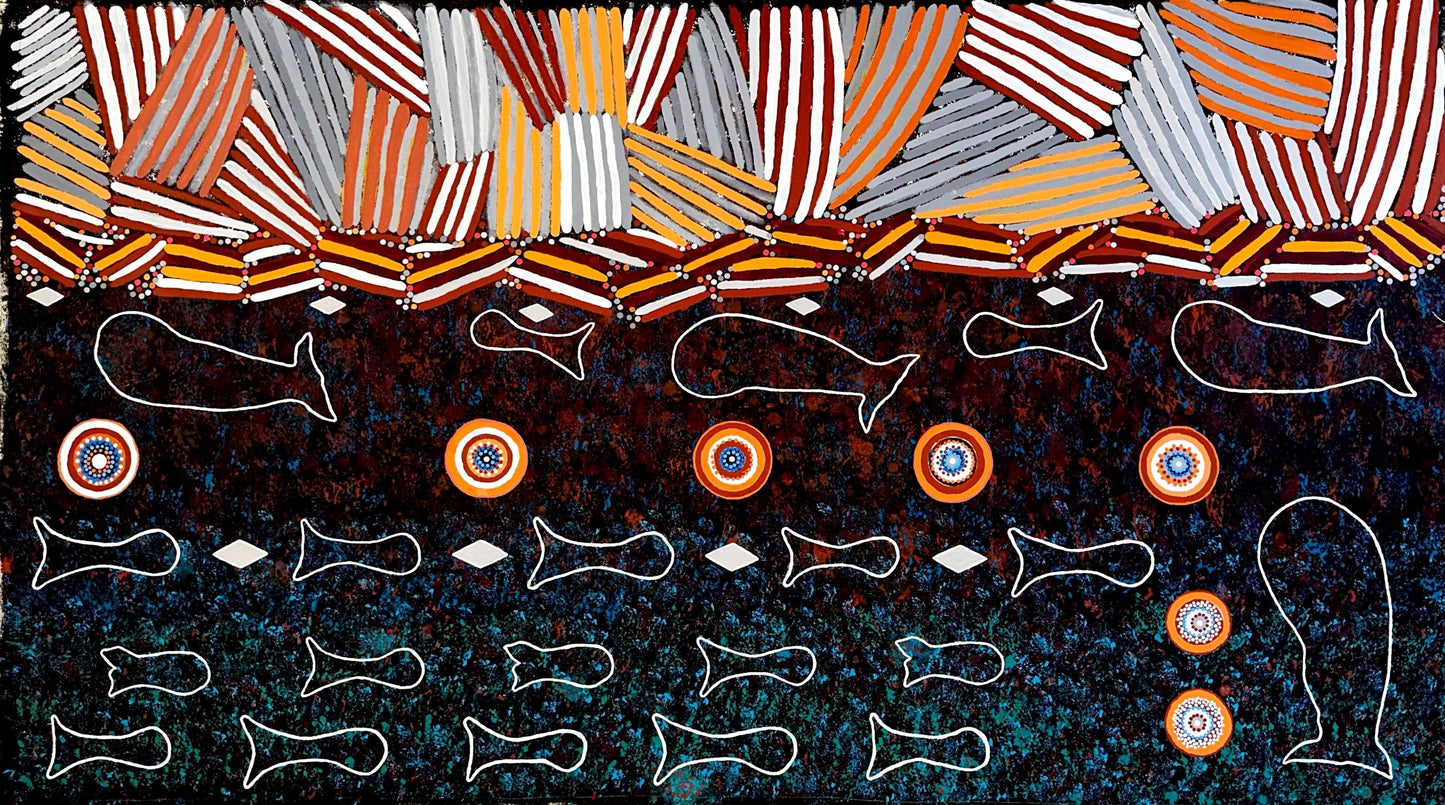 Aboriginal art piece with geometric patterns and whale illustrations on a dark background