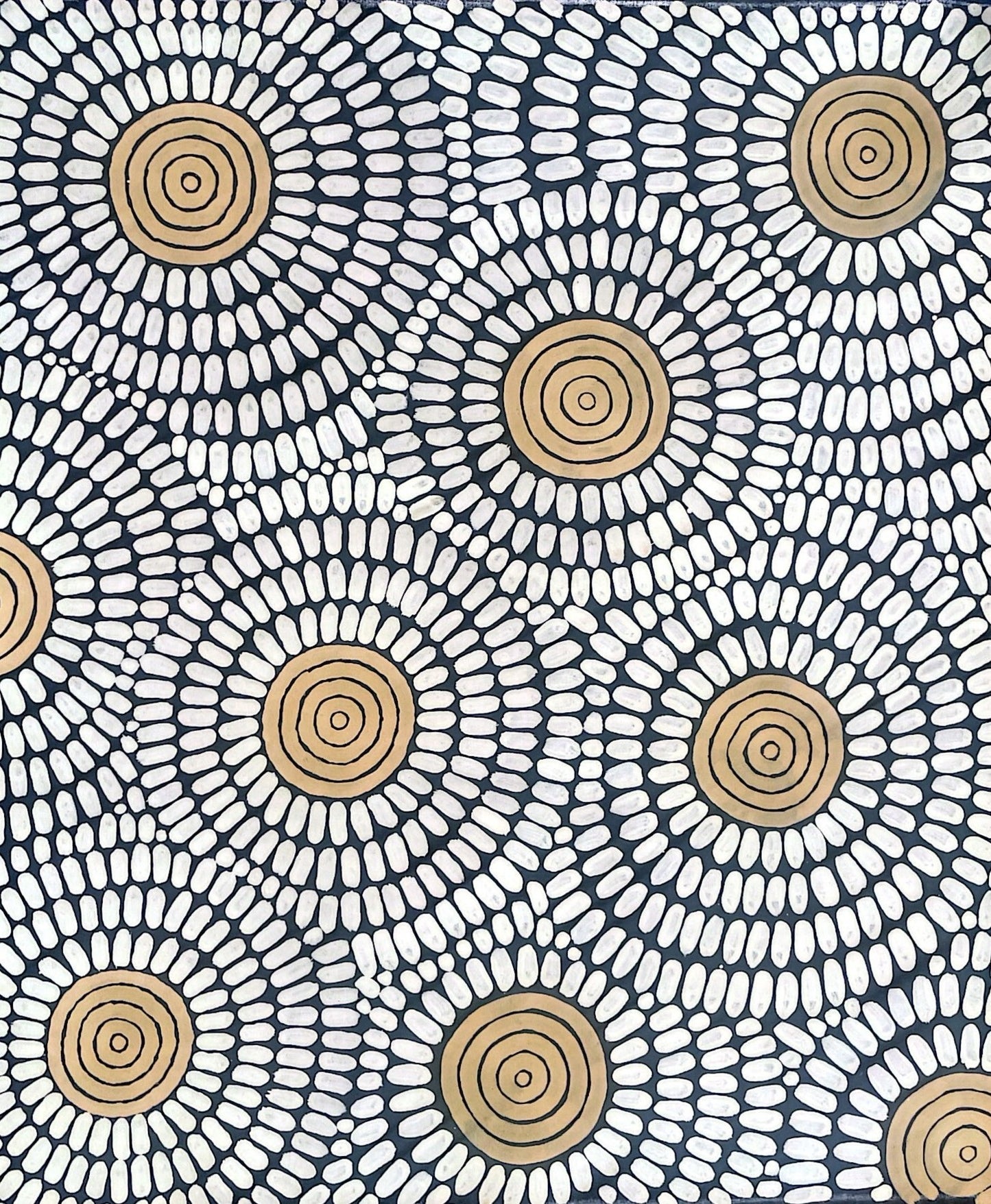 Danny Possum's pattern of concentric circles in beige and white on a black background depicting men's body paint