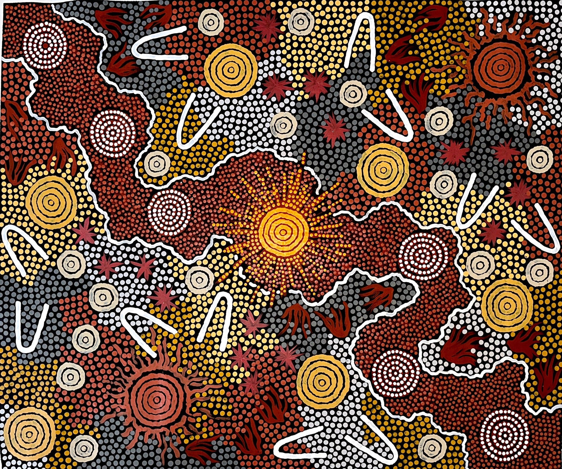 Danny Possum's aboriginal art with circular patterns and dots depicting a bushfire