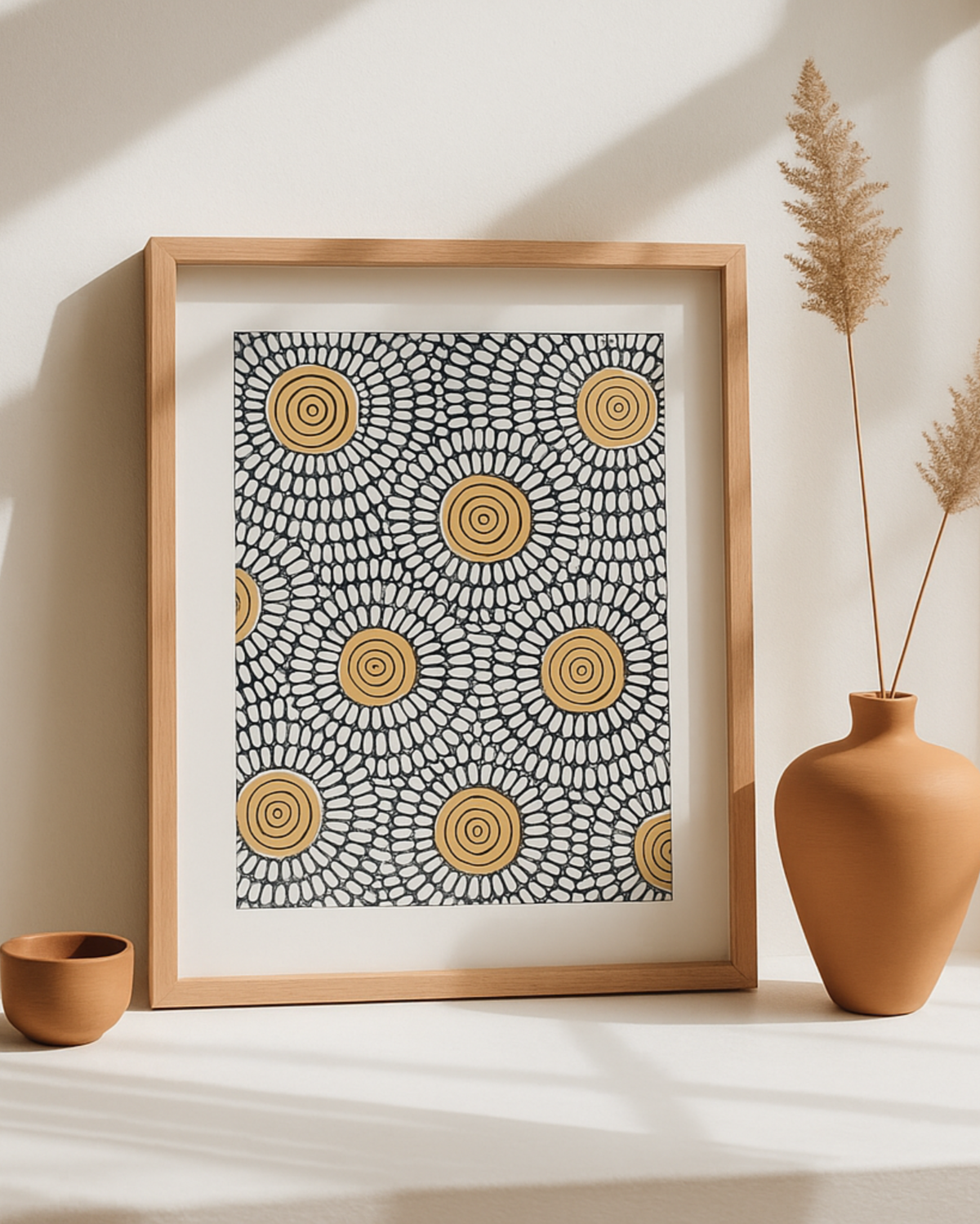 Framed abstract art with concentric circles on a neutral background, accompanied by a terracotta vase and bowl.