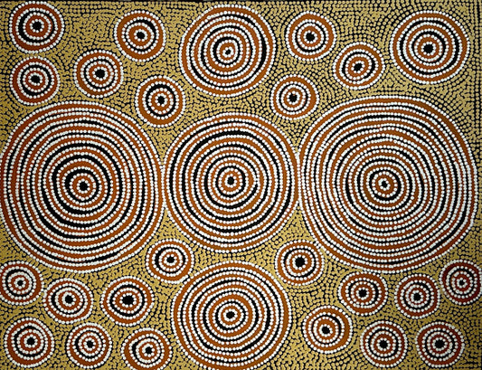  Debra Nangala McDonald Mosaic art with concentric circles in brown, black, and white on a beige background