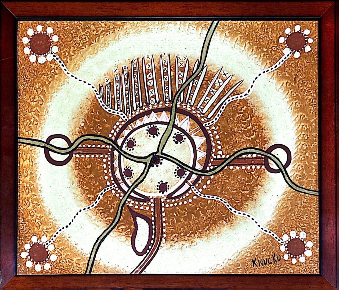 Lewis Langton's abstract artwork with intricate patterns on a brown background depicting Canberra