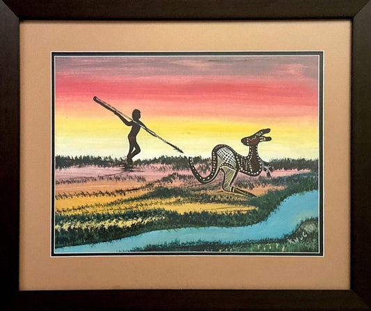 Lewis Langton's framed artwork with man spear hunting a kangaroo near a river