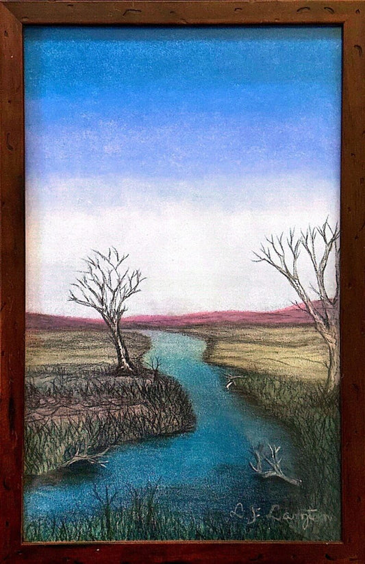 Lewis Langton's artistic depiction of a river landscape with trees and a blue sky.