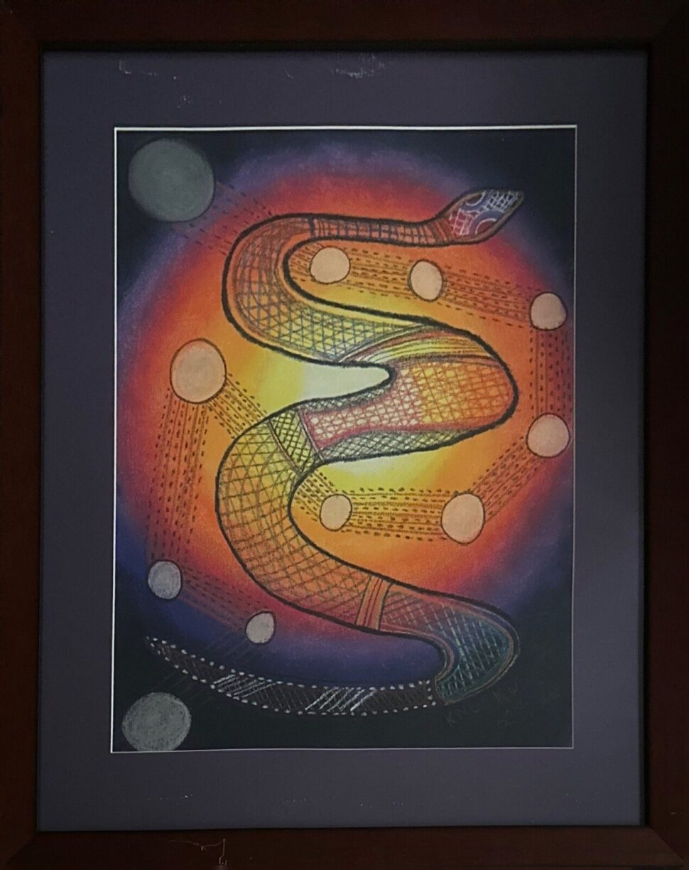 Lewis Langton's framed artwork of a colorful snake design on a dark background