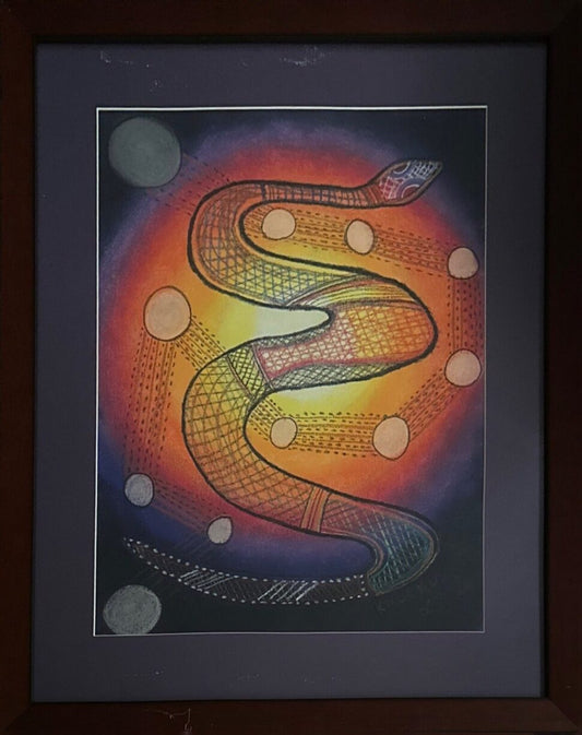 Lewis Langton's framed artwork of a colorful snake design on a dark background