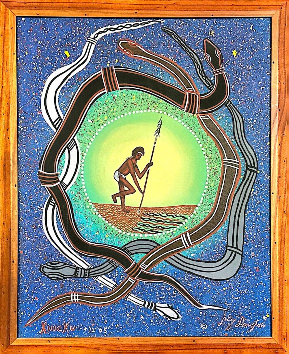 Lewis Langton artistic depiction of a person with a spear inside a circular design on a blue background, framed in wood.
