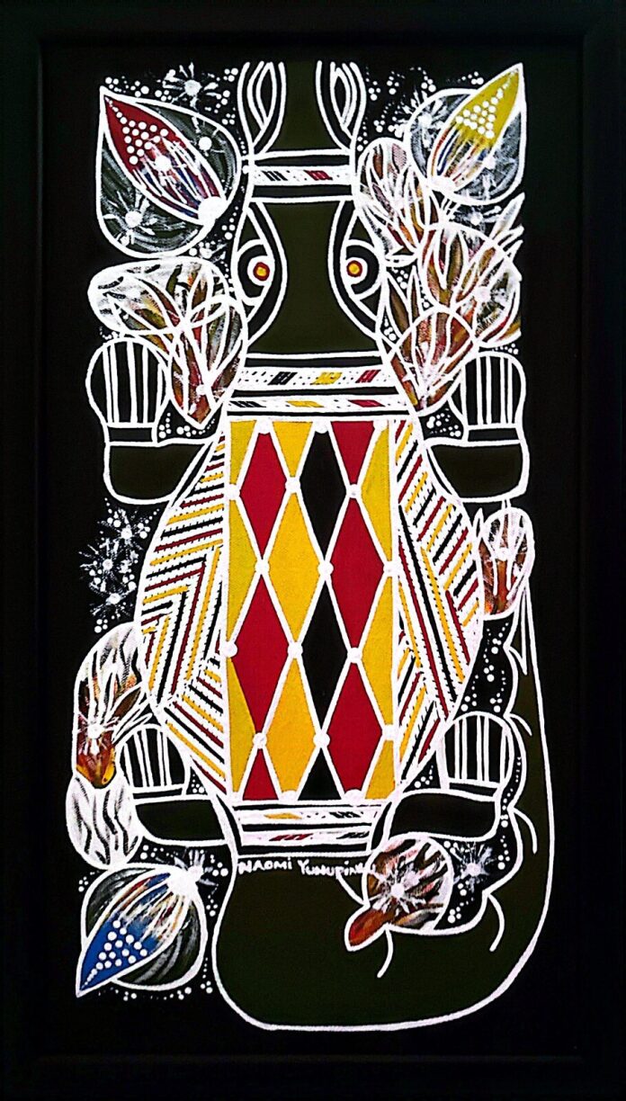 Naomi Yunupingu artistic depiction of a Crocodile with abstract patterns on a colorful background