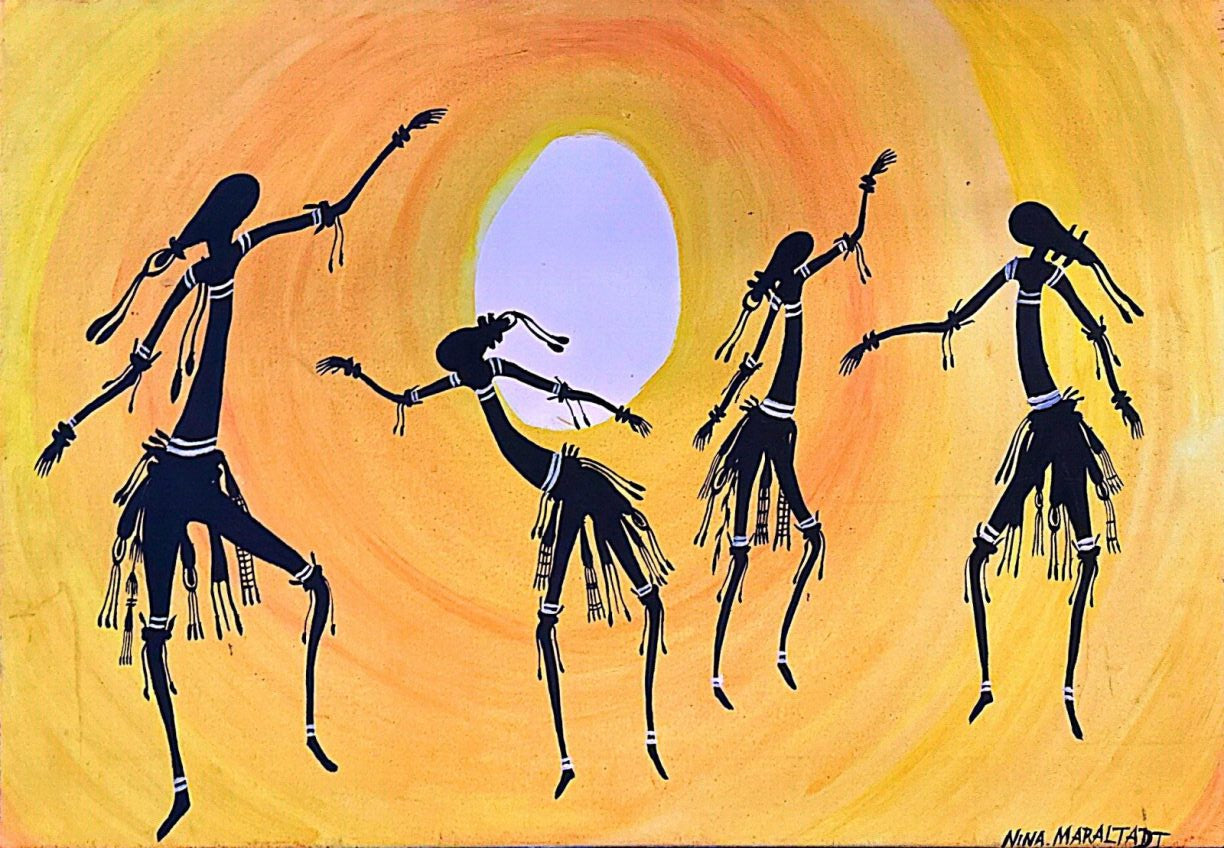 Artistic depiction of silhouetted figures against a yellow and orange background with a white circle.